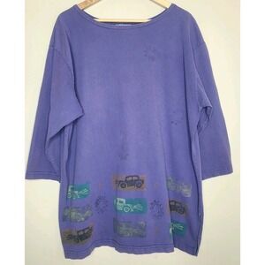 VTG Blue Fish Boxy 3/4 Sleeve Tee Purple Graphic Art 100% Cotton USA‎ Lagenlook